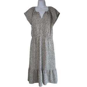 ANN TAYLOR LOFT White Black Tan Animal Cat Print V-Neck A-Line Dress Size 10